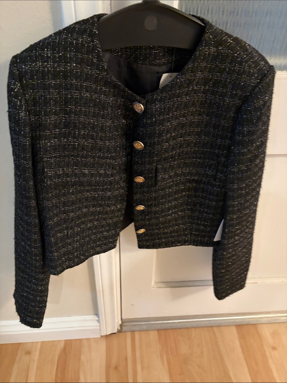 Astr Black Tweed Cropped Blazer with Gold Buttons